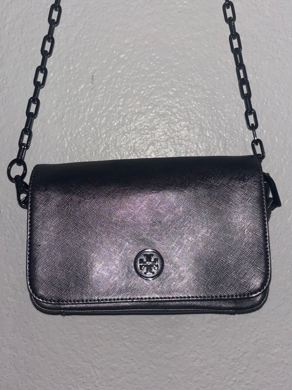 Tory Burch Metallic Silver Grey Crossbody with Chain Strap
